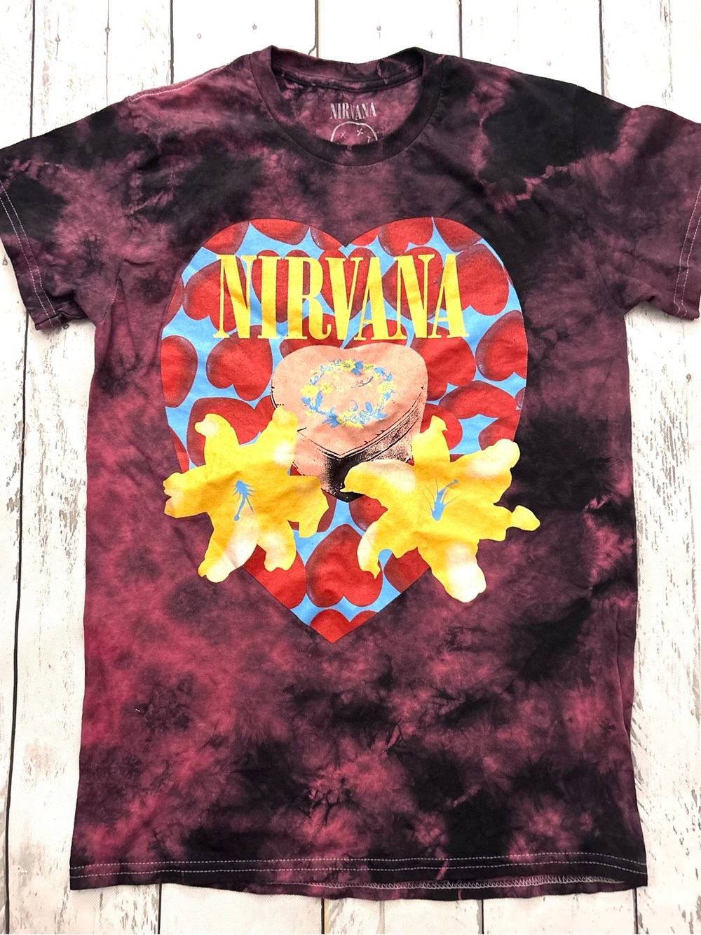 NIRVANA Burgundy & Purple Tie-Dye Heart Graphic Tee 100% Cotton Sz S